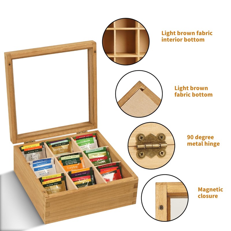 Ll.TOPWP Wood Tea Bag Organizer, 9 Compartment Multi-Functional Tea Box