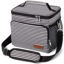 Tiblue Insulated Lunch Bag for Women/Men, Reusable Lunch Box for Office Work School Picnic,Leakproof Freezable Cooler Bag with Adjustable Shoulder Strap for Kid/Adult(Medium, Black & White Stripes)