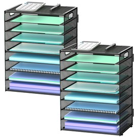 2 Pack 9-Tier Paper Organizer Letter Tray with Handle, Mesh File Organizer Paper Sorter Holder, Desk Organizer for Office Home School, Black