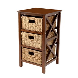 eHemco 3 Tier X-Side End Table/Cabinet Storage with 3 Baskets, Walnut