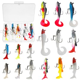 15PCS Lifelike Paddle Tail Swimbaits with Jig Heads, Pre-Rigged Soft Plastic Bass Fishing Lures Set, 6 Styles Trolling Baits for Freshwater & Saltwater, Includes Tackle Box