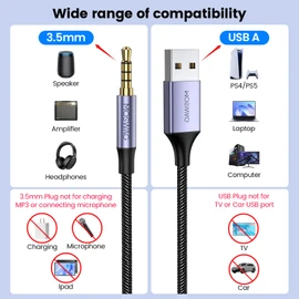 MOSWAG USB to 3.5mm TRRS Audio Jack Adapter with Microphone, USB Male to 3.5mm AUX Stereo Audio Cable, Nylon Braided AUX Converter for PC, Laptop, Windows, Headphones（No Charging Support）