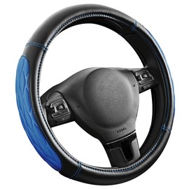 PIC AUTO Steering Wheel Cover, Blue Thick Rhombic Foam and Premium Leather, Universal 14.5-15.5 Inch Breathable Anti-Slip Steering Wheels Accessories for Men & Women