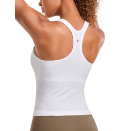 CRZ YOGA Seamless Ribbed Womens Tank Top Racerback Camisoles with Built in Bra Padded Scoop Neck Athletic Workout Slim Tanks White Medium