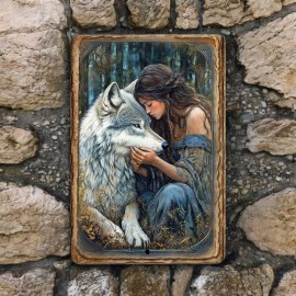 EGgifts Wolf and Woman Metal Wall Sign – 8x12 Fantasy Forest Decor Wall Art