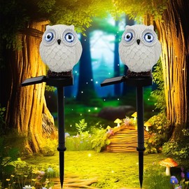 YZYOE Solar Powered White Blue Eyed owl Lights, Garden Decorative Resin Cute Animal Ground lamp, Wireless Dusk to Dawn LED Warm Lights Waterproof.