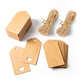 Gift Tags 100PCS Brown Tags with String, Heart-Shaped Blank Paper Labels 4.5x9cm for Wedding, Birthday, Gift Wrapping