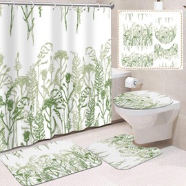 Boewywh 4 Pcs Bathroom Sets with Shower Curtain and Rugs, Sage Green Floral Retro Fern Plant Leaf, Bath Decor Wildflower Botanical Vintage Flower Shower Curtain Sets for Bathroom Decor with 12 Hooks