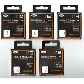 x50 NGT Barbless Hooks to Nylon in Size 10, 12, 14, 16 and 18 TEN Hooks of EACH Size (Fifty Hooks in total)