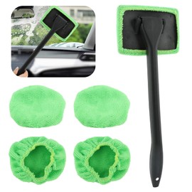 Loyanger Car Windshield Cleaning Tool, Windshield Cleaner with 5 Reusable Microfiber Pads and Extendable Handle, Auto Glass Wiper Kit for Interior/Exterior Dirty Car Windows(Color:Green)
