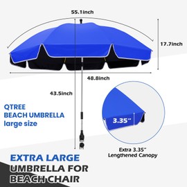 QTREE intelligence 48.8 inch Large Beach Umbrella with Clamp Sun Shade for Beach Chair, 360°Adjustable UV Protection Golf Umbrella with Clip for Outdoor Stroller Wheelchair Camping Chair