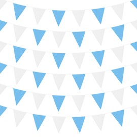 Zwiebeco 39Ft Blue White Fabric Bunting Banner Triangle Flags Party Hanging Cotton Garland Pennant for Summer Pool Seaside Beach Birthday Wedding Baby Shower Outdoor Garden Decorations 42PCS