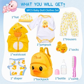 PEDOLLTREE Reborn Baby Dolls Clothes Accessories Yellow Duck 9pcs Set with Backpack Diaper for 17-22 Inch Reborn Doll Newborn Girl&Boy