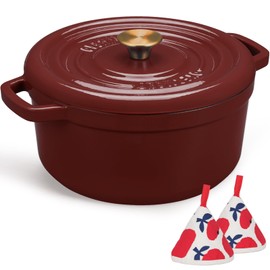 Overmont Enameled Cast Iron Dutch Oven - 5QT Pot with Lid Cookbook & Cotton Potholders - Heavy-Duty Cookware for Braising, Stews, Roasting, Bread Baking burgundy