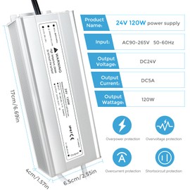 24V 120W LED Power Supply, Waterproof IP67 LED Driver, AC 110V to DC 24 Volt Low Voltage Transformer with 3-Prong Plug 3.3 Feet Cable for Indoor Outdoor LED Light, Computer Project