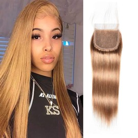 4x4 Closure Human Hair Honey Blonde Closure 4×4 27# Lace Closure Brazilian Human Hair Lace Closure Straight Weave Free Part 12 Inch