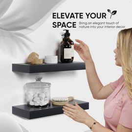 Homeforia Black Floating Shelves for Wall, Premium Solid Wood Black Bathroom Shelves, Small Black Shelf for Bedroom, Heavy Duty Bracket, 16 x 6.5 x 1.75 inch, Set of 2