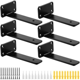 6-Pack 5 Inch Metal Floating Shelf Brackets, Heavy-Duty Hidden L Shelf Supports, Wall-Mounted Shelving Hardware, 1/5-Inch Thick, Modern Black Iron Brackets for Decorative Wood Shelves, Screws Included