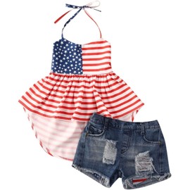BOEBNOZCV Toddler Girls 4th of July Outfits Set Sleeveless Tassels Vest Tops+ Ripped Denim Shorts Kids Summer Clothes (Striped Flag,11-12 Years)