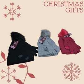 Sterling Sports Ladies Black beanie hat women Bobble Hat Touchscreen Winter Gloves Set/Elegant Womens Hat & Gloves Set beanie hats for women/bobble hat women/women's cold weather sets/womens hats