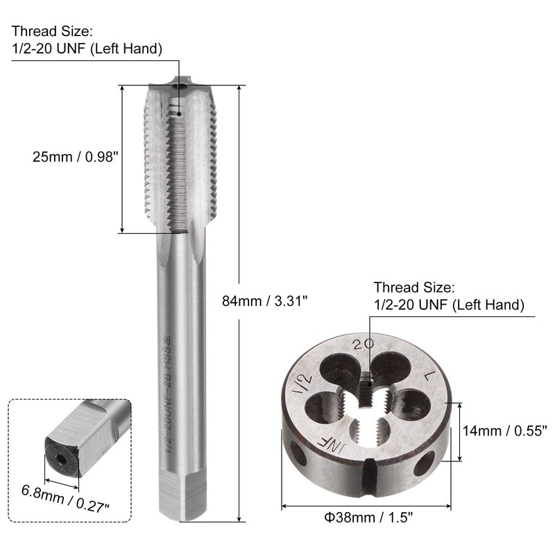 uxcell 2pcs Tap and Die Set, 1/2-20 UNF Left Hand