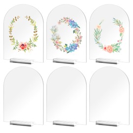 DRERIO Pack of 6 Sheets Acrylic Sign Blank with Acrylic Glass Base, Transparent Table Numbers Wedding Curved Acrylic Place Cards, Name Badges Wedding Acrylic Stand for Decoration, Party, Anniversary