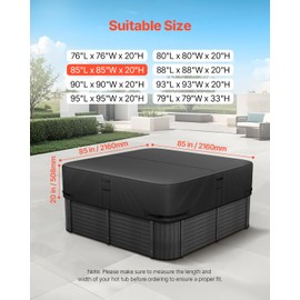VEVOR Outdoor Hot Tub Cover, 85 x 85 x 20 Inch Weatherproof and Waterproof Hot Tub Cover Protector, 600D Heavy Duty Oxford Fabric and 950N Tearing Strength, Square Spa Covers for Hottub, Black