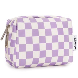 Narwey Small Checkered Makeup Bag for Purse Travel Makeup Pouch Mini Cosmetic Bag for Women (Purple Checkerboard, Small)