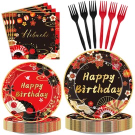 FodeMoraka Hibachi Birthday Party Decorations - 96 Pcs Red Black Disposable Paper Dessert Plates Napkins Forks Tableware Set Oriental Crane Plum Folding Fans Japanese Supplies Favors Serves 24 Guests