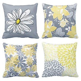 BCKAKQA Decorative Cushion Covers 45cm x 45cm Grey and Yellow Flowers Throw Pillow Cover Soft Polyester Square Throw Pillow Case for Living Room Sofa Couch Bed Pillowcases (18'' x 18'') Set of 4