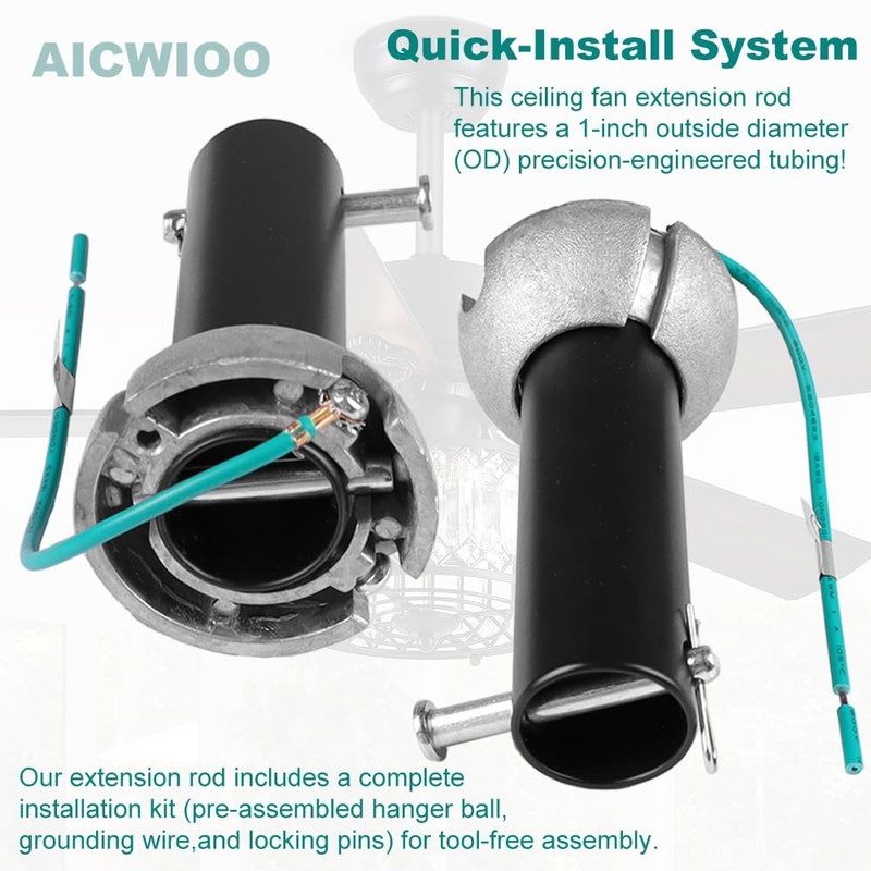 4 inch Black Ceiling Fan Downrod with Hanger Ball Assembly,1-inch