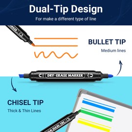 AKARUED 12 Colorful Dry Erase Markers: Dual Tip Dry & Wet Erase Marker With Thick Chisel& Bullet Tip, Double Sided Vibrant Whiteboard Markers for Whiteboard,Glass Board,Home,Office,Classroom Must-Have