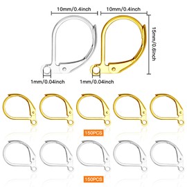 300pcs French Earring Hooks Leverback Earring Hooks Hypoallergenic Earring Hooks Leverback Ear Wire Lever Back Hoops for DIY Jewelry Making Earrings Backs Findings(Gold, Silver)
