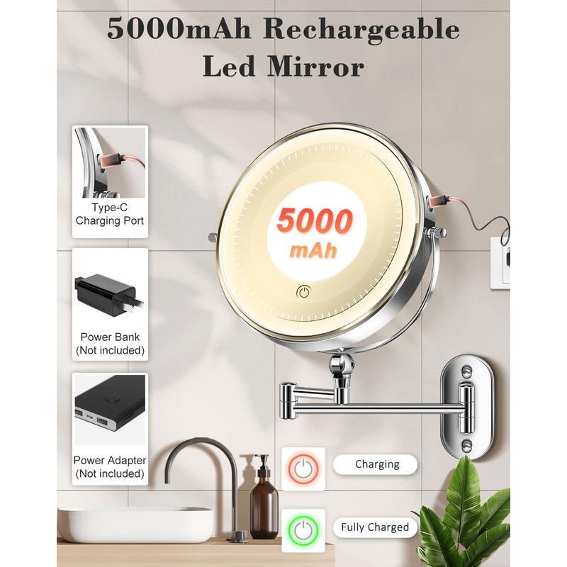 30X/1X Wall Mounted Lighted Makeup Mirror, 9'' Height Adjustable Double