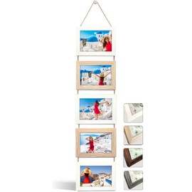 NEOWS Collage Picture Frame for Multiple Pictures - Decorative Picture Frame Set for Hanging on the Wall - Multiple Photo Frame Portrait Format with Cord for 10 x 15 Photos (White and Oak, 5