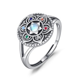 TRISHULA Mandala Chakra Ring Lotus Rings 925 Sterling Silver Moonstone Flower Ring Spiritual Healing Balance Yoga Jewelry Gifts for Women