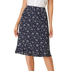 Allegra K Women's Floral Ruffle Hem Elastic Back Button Split Midi Skirt Dark Blue M-12