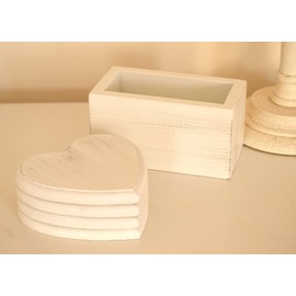 Shabby Chic Style Cream Wooden Coaster Set Hearts Design - in Wooden Coaster Container - Set of 4 Cream Coasters