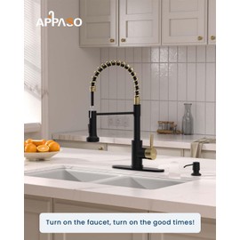 APPASO Black and Gold Kitchen Faucet with Soap Dispenser Brushed Nickel, Pull Down Kitchen Faucet Commercial Single Handle High Arc Faucet for Sink