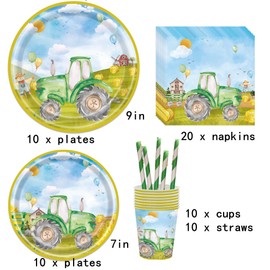 Tractor Party Supplies, 9in 7in Tractor Party Plates Napkins Cups Straws Tractor Party Tableware for 10 Guests Farm Tractor Party Decoration