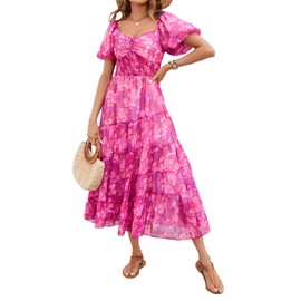 ABYOVRT Women Floral Maxi Dress Short Puff Sleeve V Neck Bohemian Flowy Dress Smocked Casual Spring Summer Dresses (Purple,S)