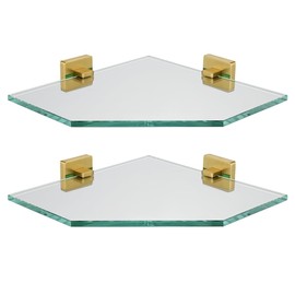 JQK Corner Glass Shelf, Brushed Gold Bathroom 304 Stainless Steel Shower Triangle Floating Wall Shelf, 10 x 10 Tempered Glass, 2 Pack TGS290L10-BG-P2