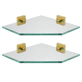 JQK Corner Glass Shelf, Brushed Gold Bathroom 304 Stainless Steel Shower Triangle Floating Wall Shelf, 10 x 10 Tempered Glass, 2 Pack TGS290L10-BG-P2