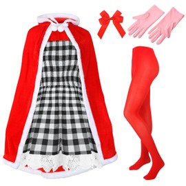 Xuhal Set of 5 Pcs Christmas Costume for Women Christmas Gingham Dresses Velvet Hooded Cape Tights Gloves Bow for Girl (Small)