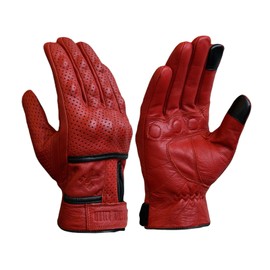 Genuine Leather Motorcycle Gloves, Punched, Breathable, Protector, Goat Leather, Motorcycle Gloves, Perforated Leather (RED, M)