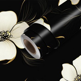 HOMETITUTE Black Floral Wallpaper Peel and Stick White Gold Flower Contact Paper Wall Paper Stick 17.7" x 118.1" Self Adhesive Vinyl Wall Covering for Bedroom Accent Cabinet Decor