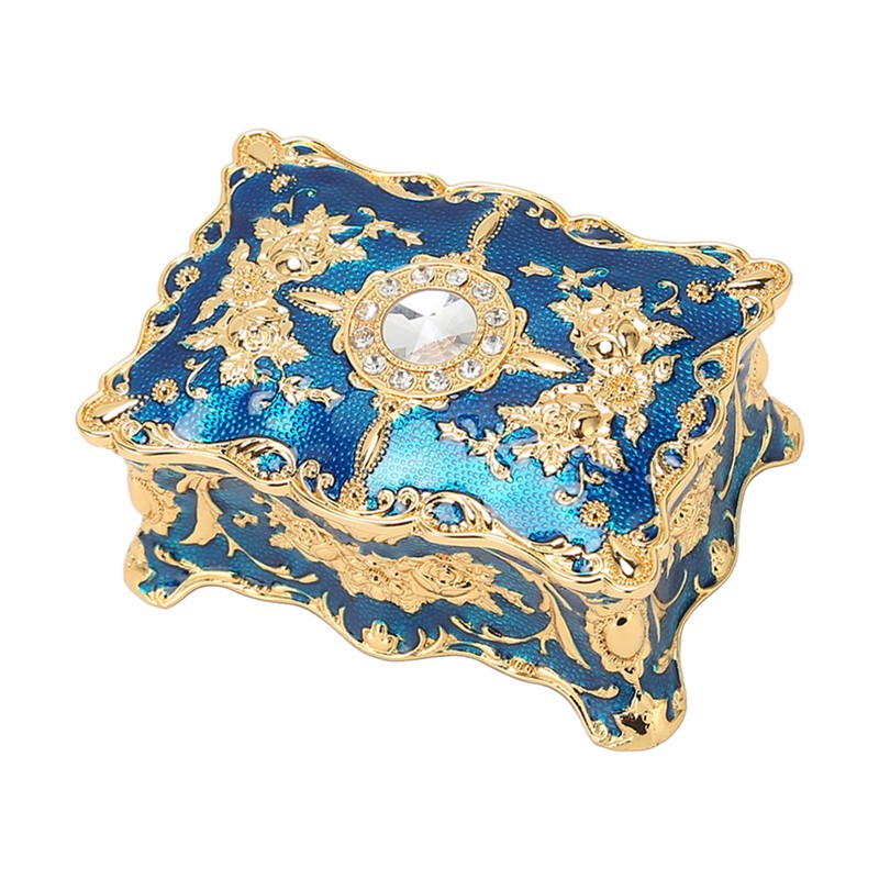 Royalblue Rhinestone Jewelry Box Ring Retro Flower Engraved Earrings Necklace