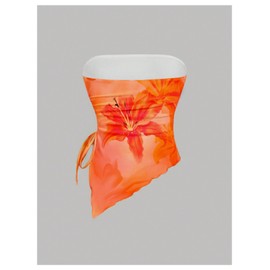 WDIRARA Women's Floral Mesh Strapless Side Ruched Tube Top Asymmetrical Hem Bandeau Crop Tops Orange Medium