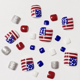 24pcs 4th of July Press on Toenails Short Square American Flag Fake Toe Nails Silver Glitter Stick on Nails Independence Day False Toenails Glossy Full Cover Glue on Nails for Women
