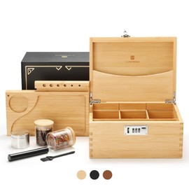 GLENCREAG Stash Box with Rolling Tray, Smell Proof Large Bamboo Storage Box with Lock, Decorative Box Set Includes Glass Jars & Grinder, Gift for Men Women